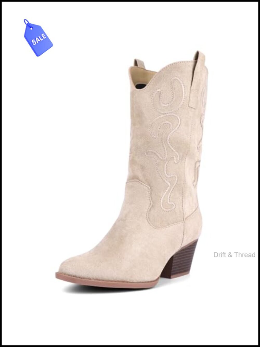 Cowboy Boots for Women Faux Suede Embroidered Western Mid Calf Chunky Heel